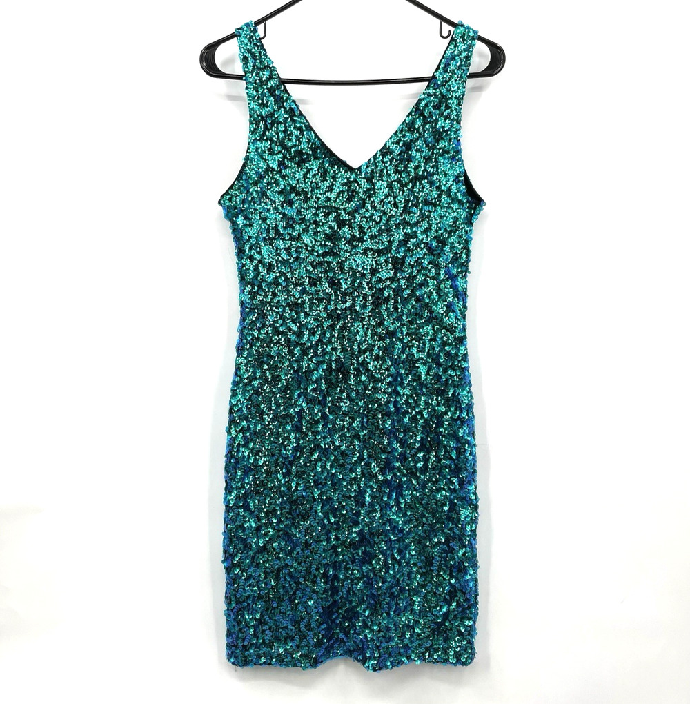 Aquamarine Sequin Party Dress Body Con Slinky Stretchy Pretty Guide Size Medium